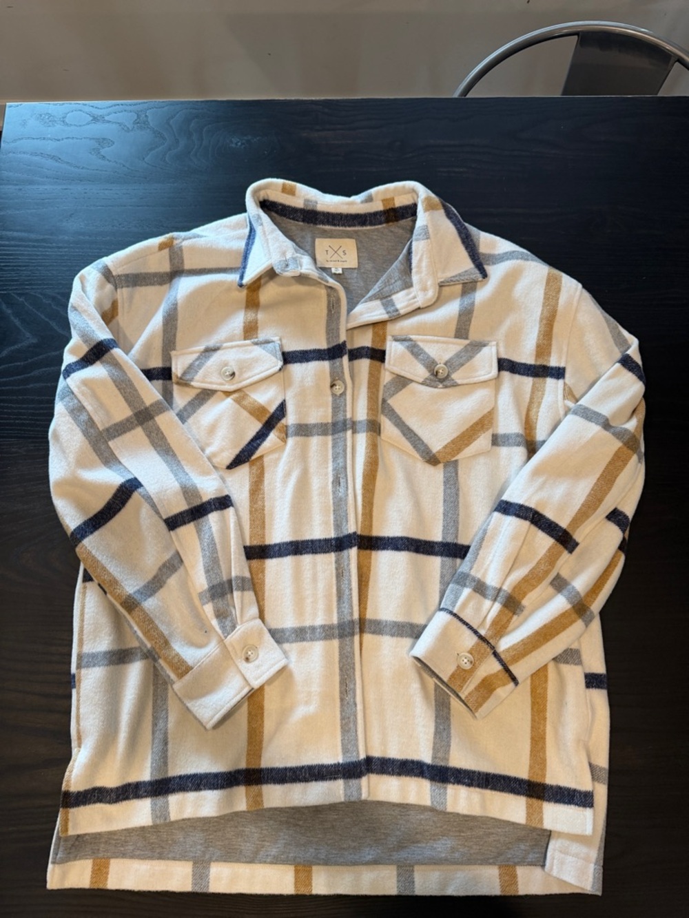 Thread & Supply Cream Plaid Shacket with Navy and Tan Stripes